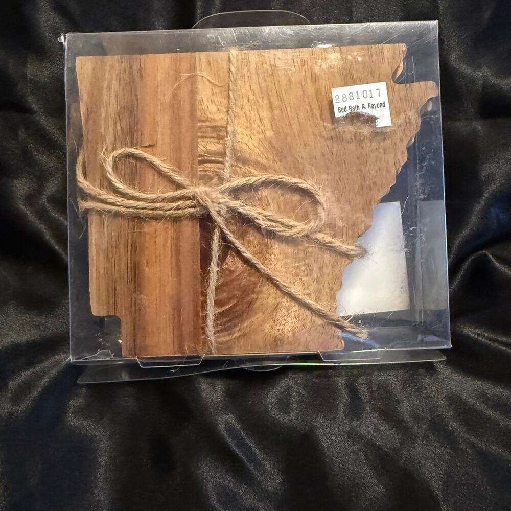 Acacia wood Arkansas shaped coasters set of 4 in pkg New